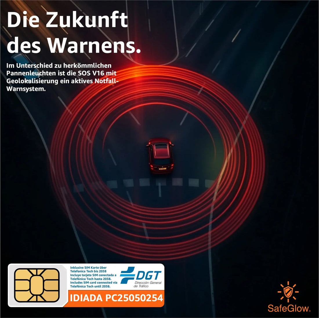Grafik zur Standortübermittlung einer vernetzten V16-Warnleuchte mit Auto und SIM-Symbol
