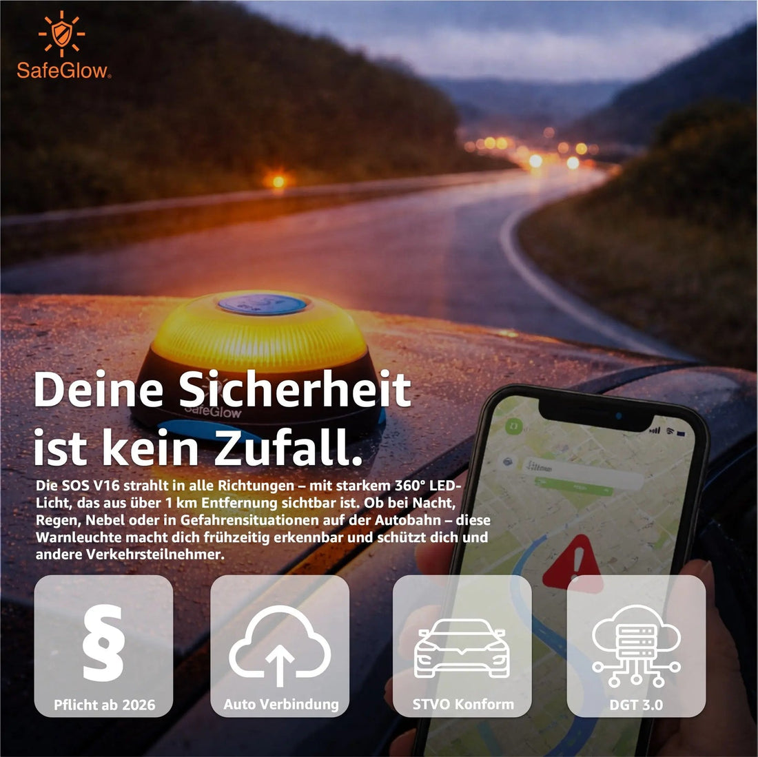 Infografik zur vernetzten V16-Warnleuchte mit Smartphone und Standortkarte