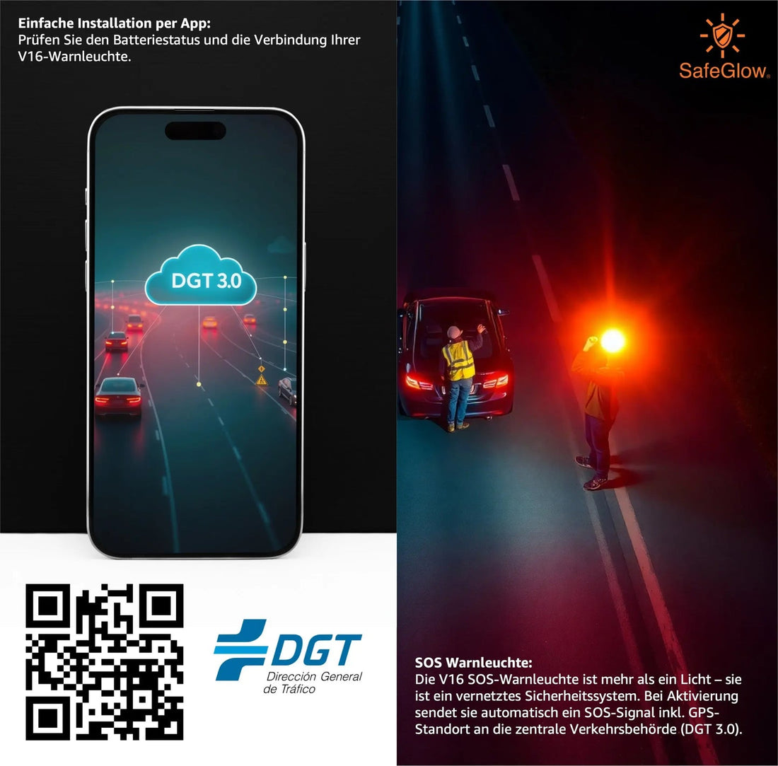 Infografik zur V16-Warnleuchte mit DGT-3.0-Anzeige auf einem Smartphone und QR-Code