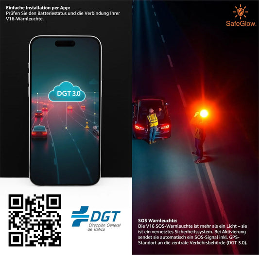 Infografik zur V16-Warnleuchte mit DGT-3.0-Anzeige auf einem Smartphone und QR-Code