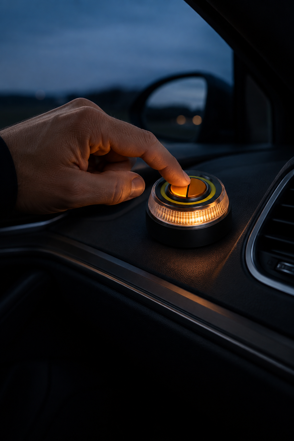 Finger betätigt den Schalter einer V16-Warnleuchte im Auto