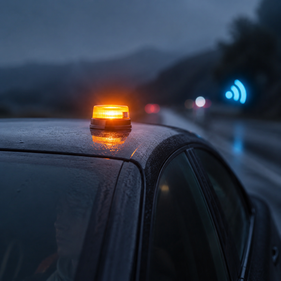 V16-Warnleuchte auf einem Autodach mit eingeblendetem Funksignal-Symbol