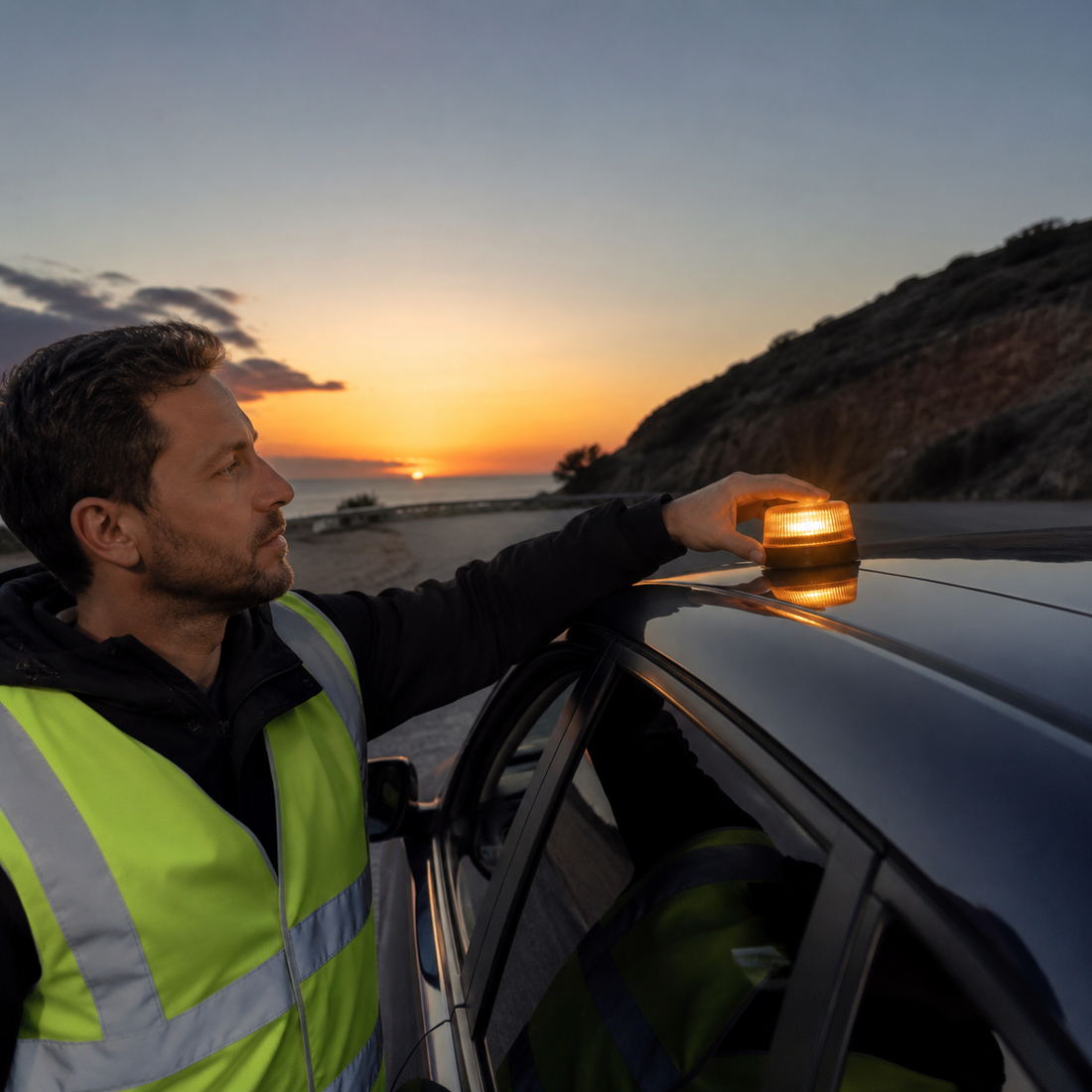 Mann mit V16-Warnleuchte auf dem Autodach bei Sonnenuntergang