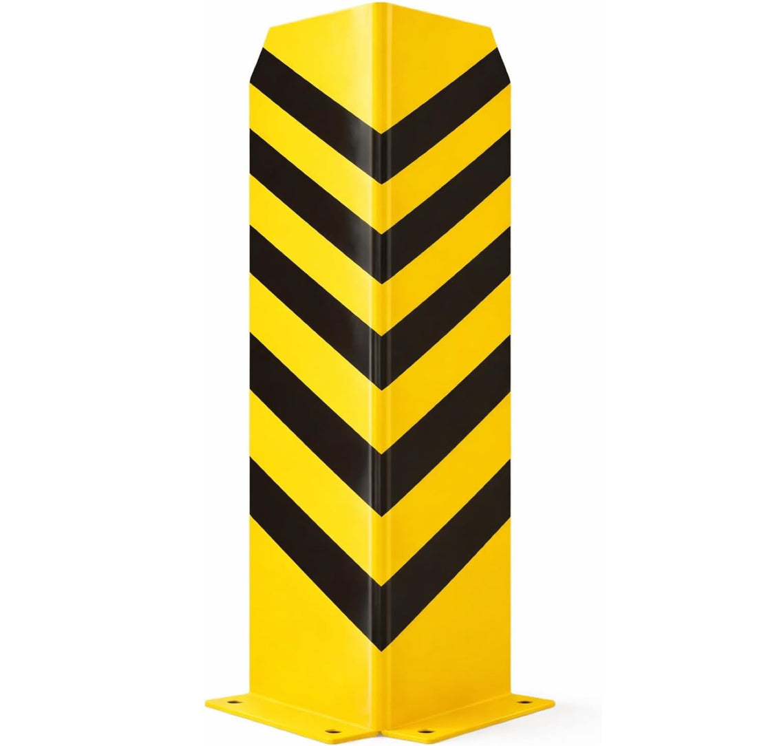 Gelb-schwarzer Eckschutz 80 cm aus Stahl auf weißem Hintergrund