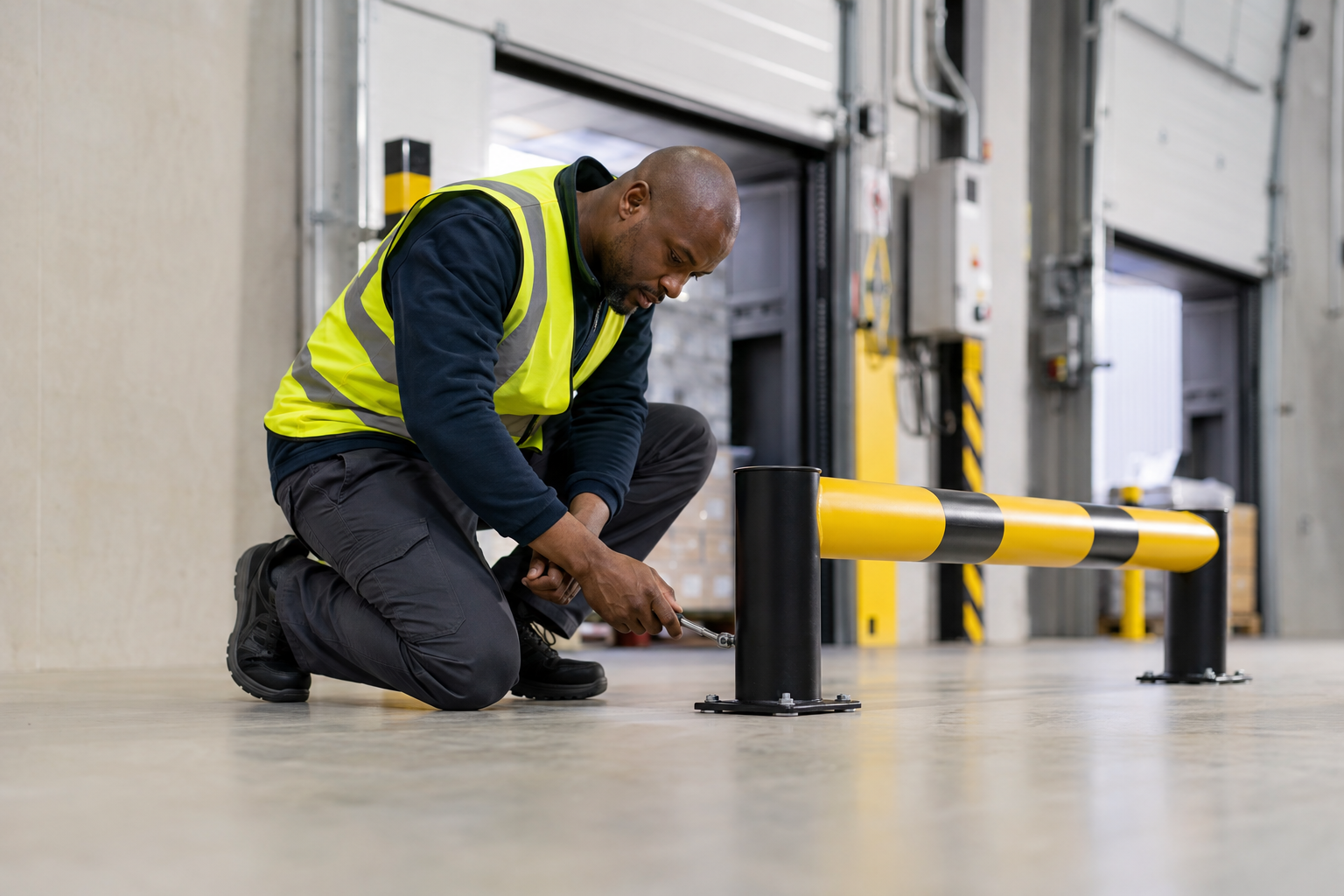 Fiktiver Facility Manager beim Prüfen eines Rammschutzbügels